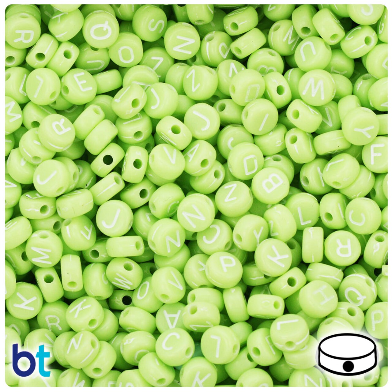 BeadTin Green Opaque 7mm Coin Plastic Alpha Beads - White Letter Mix (250pcs)